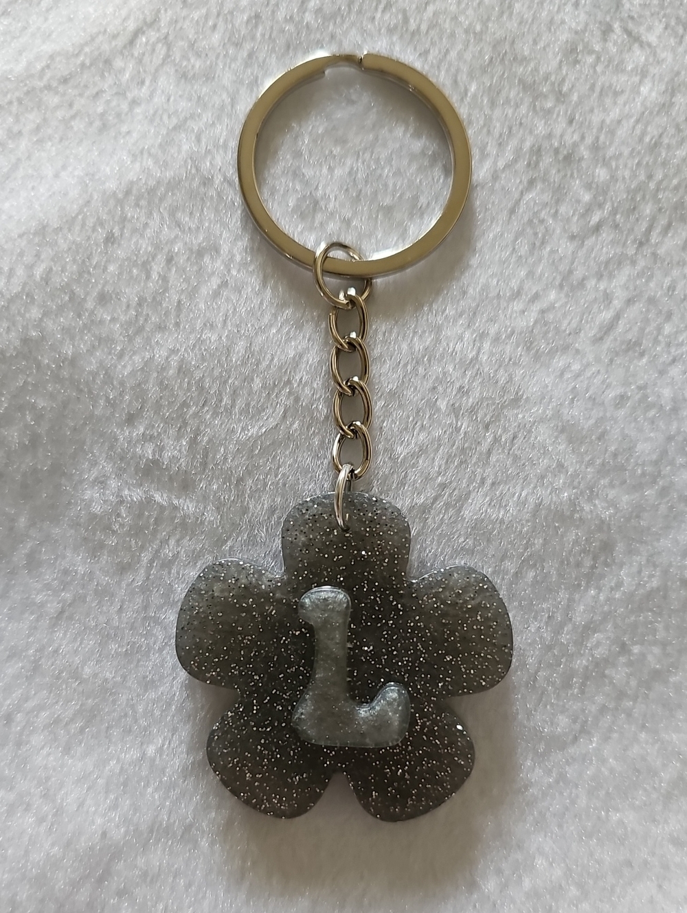 Silver Glitter Flower Keychain with Initial L